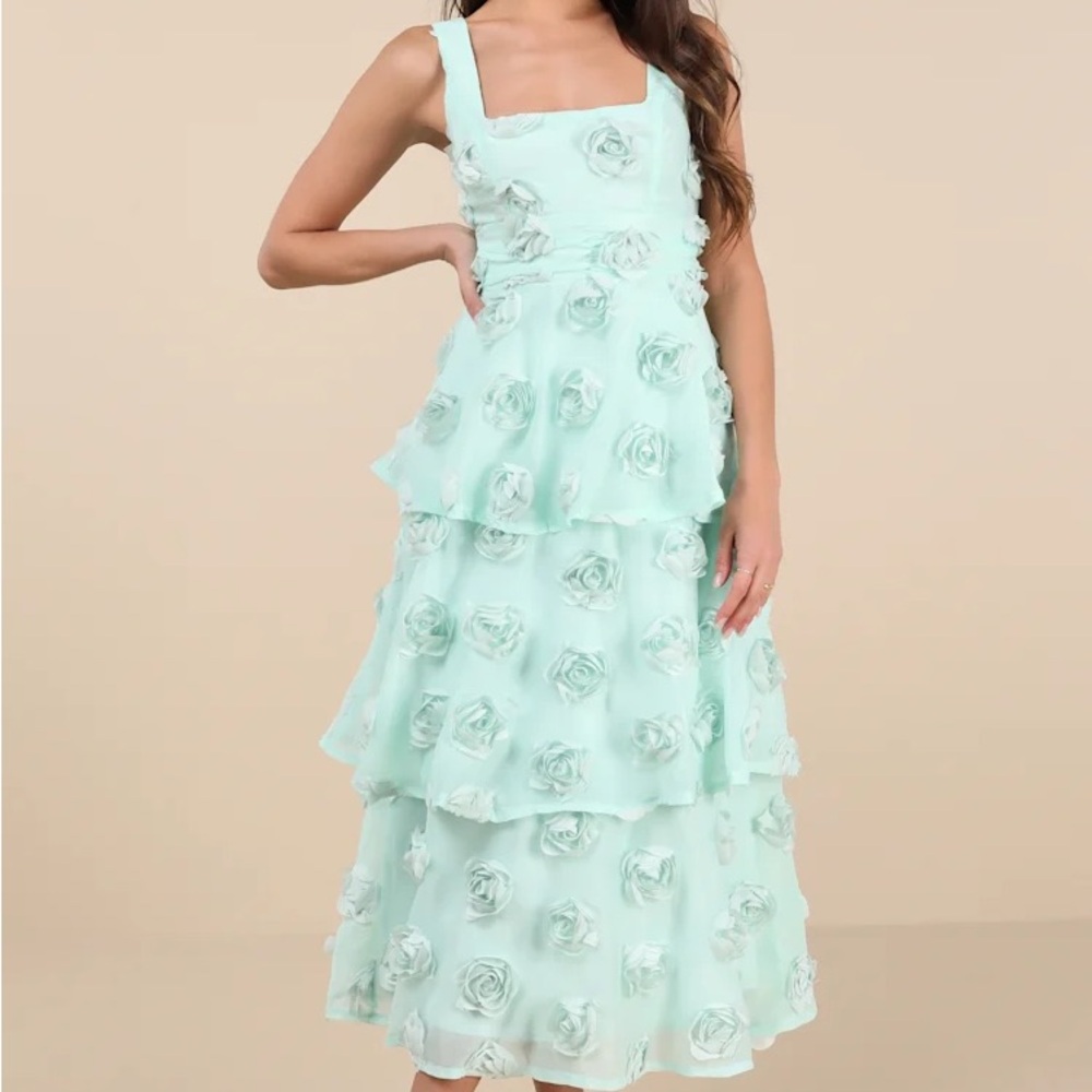Exceptional Entrance Mint Sleeveless Tiered Rosette Midi Dress
